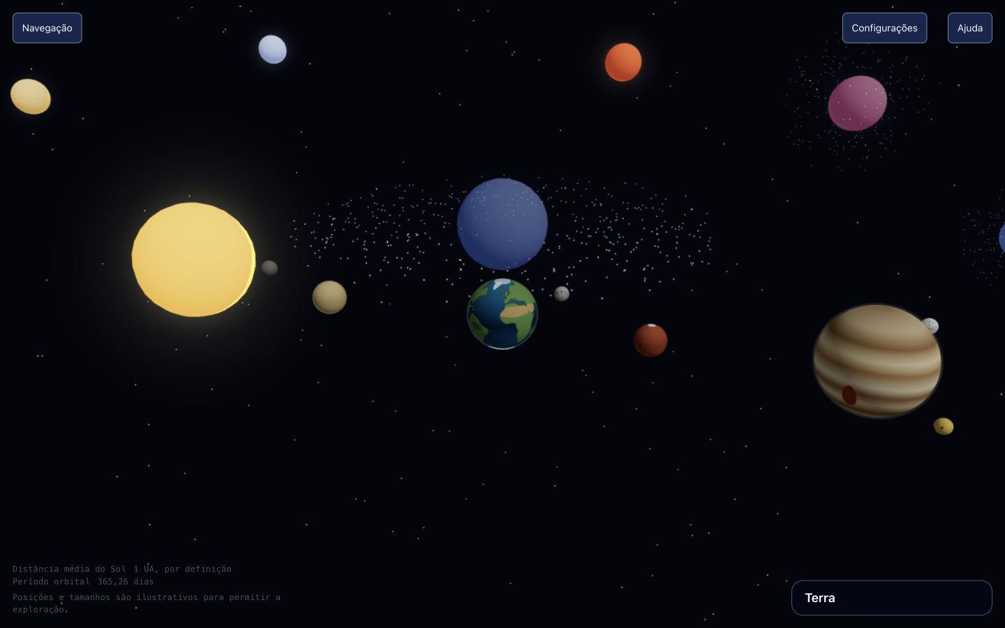 Kepler Lab em execução: Terra e outros corpos celestes na cena navegável.