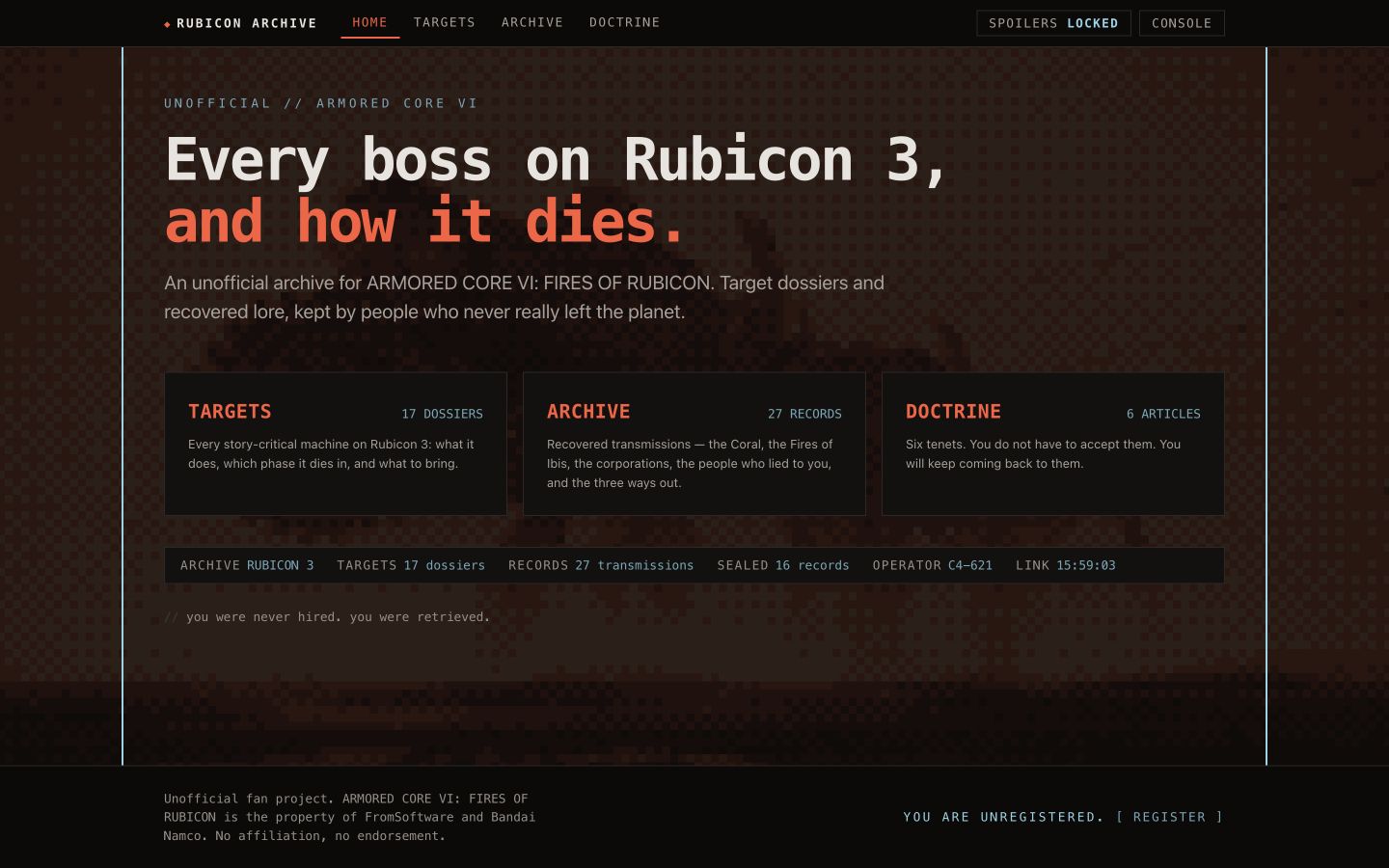 Rubicon Archive em execução: página inicial com acesso aos dossiês, arquivo e doutrina.